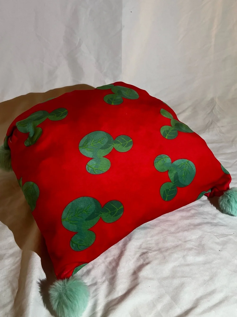Disney Red Decorative Pillow with Green Mickey Mouse Leaf